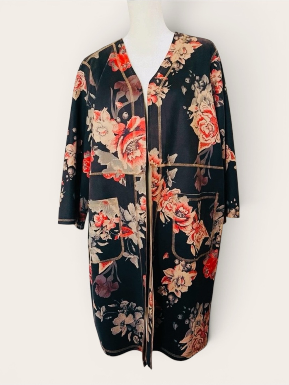 Philosophy Floral Open Front Duster Cardigan Jacket 1X Black Pink Roses
